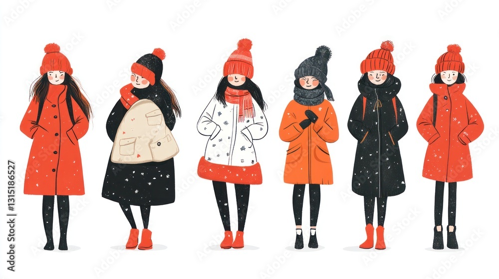Fototapeta premium Seven girls in winter clothes.