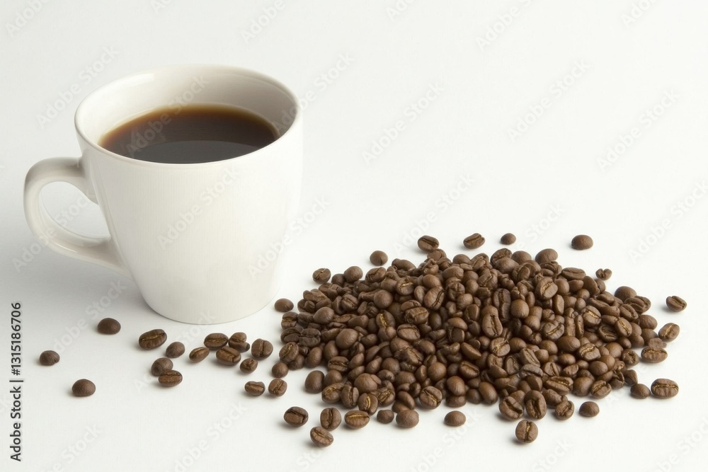 White coffee cup with a black coffee in it. There are coffee beans scattered around the cup White coffee cup with a black coffee in it. There are coffee beans scattered around the cup