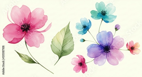 Fototapeta Naklejka Na Ścianę i Meble -  Watercolor flowers, delicate petals, pastel colors, pink blue yellow purple, translucent, botanical illustration, soft focus, gentle brushstrokes, light background, minimalist composition, spring blos