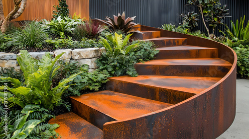 Modern rust-colored spiral staircase garden landscaping design, lush greenery, backyard home photo