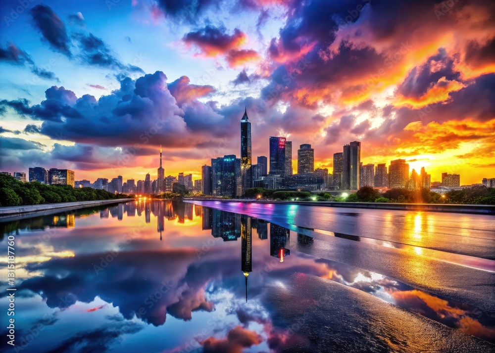 Obraz premium Sunset City Skyline Reflection, Neon Lights, Wet Road, Colorful Clouds, Urban Landscape Photography