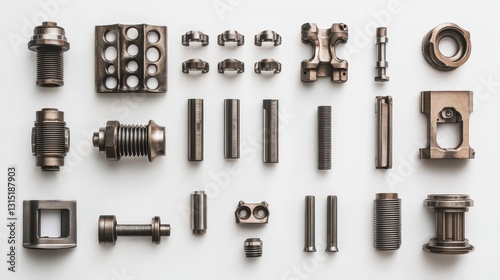 A collection of automotive engine pistons and crankshaft parts on a white isolated background