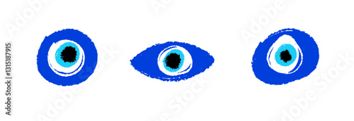Three vivid blue evil eye symbols, each with a distinct black center, are displayed in a row.