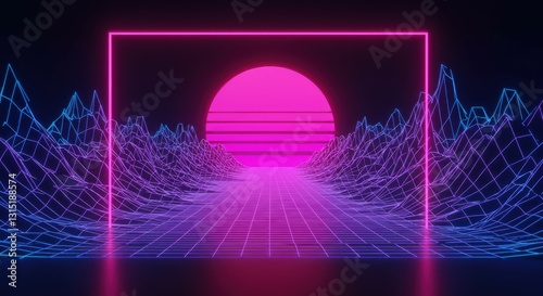 retro futuristic landscape, neon synthwave sunset, digital grid horizon, purple mountains, glowing pink sun, blue rectangular frame, wireframe terrain, 80s aesthetic, vaporwave, outrun style, cyberpun