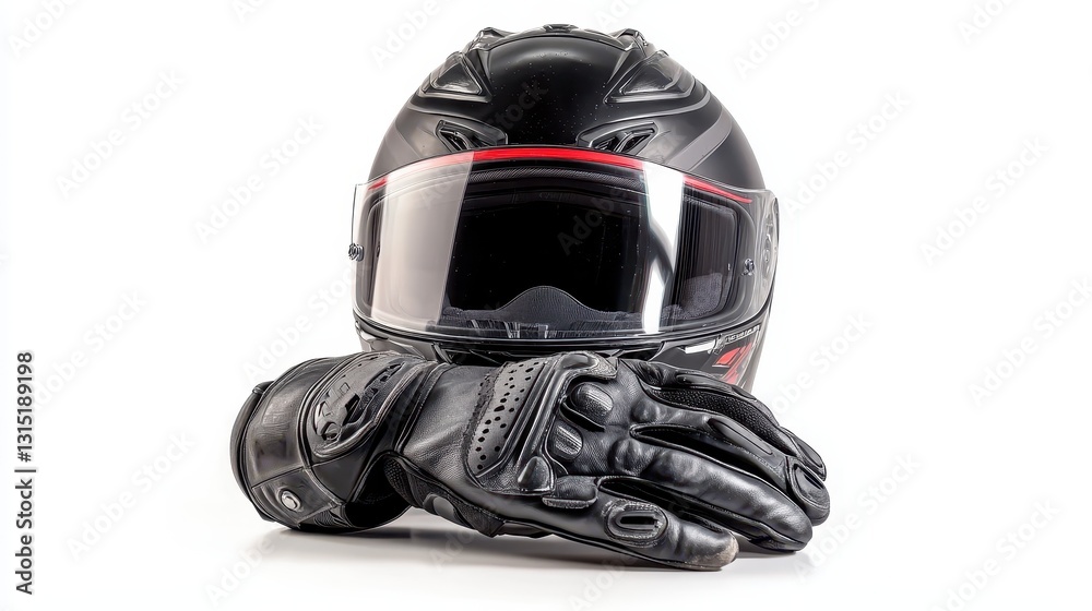 A close-up of a motorcycle helmet and gloves on a white isolated background A close-up of a motorcycle helmet and gloves on a white isolated background