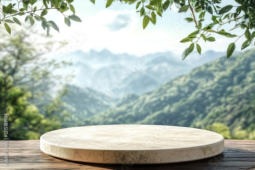 Empty round stone podium in nature with mountain background