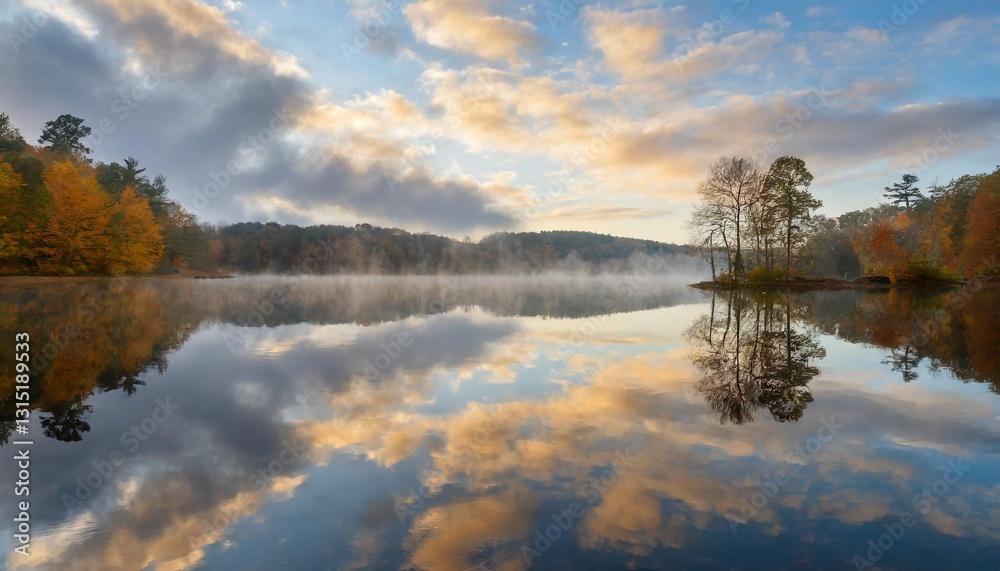 Fototapeta premium Clouds reflected in a peaceful lake at sunrise