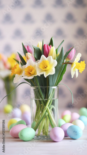 Family holiday decor with flowers, eggs. Cozy home traditions, mindful celebrations. Seasonal rituals, heartfelt details. Family-focused branding. Timeless family warmth.