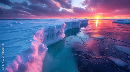 A breathtaking icy seascape at sunset with glowing pink and purple skies reflecting on frozen waters and icebergs