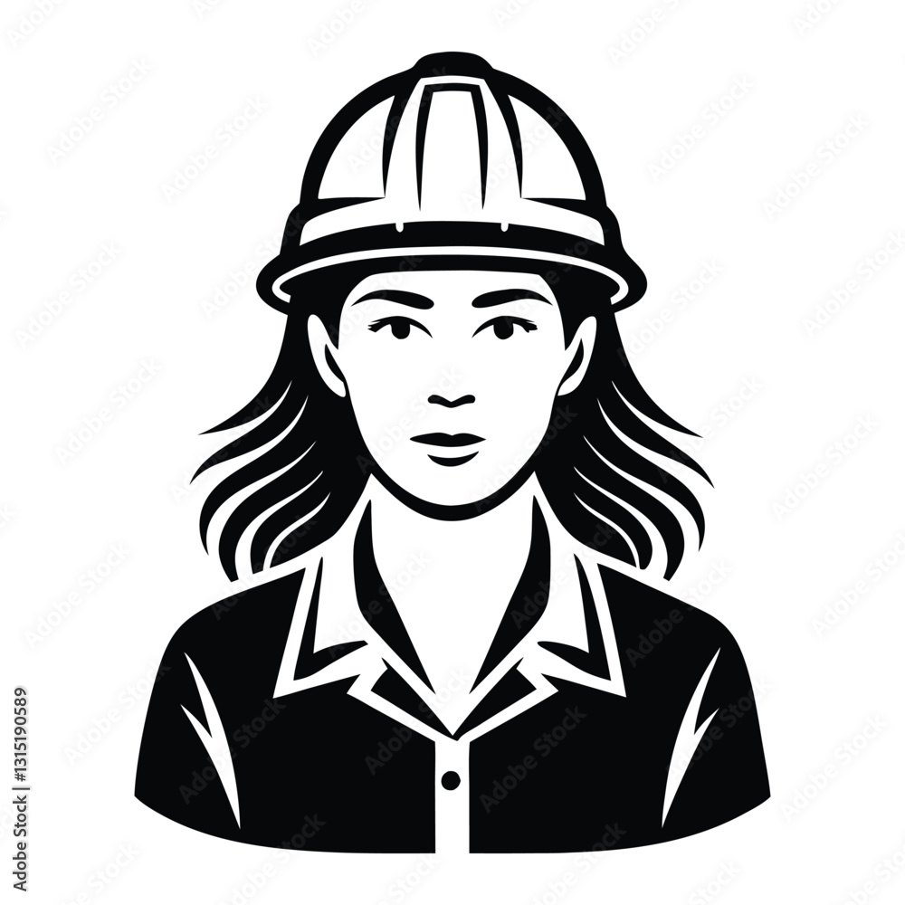 Female Engineer Silhouette in Safety Gear, Black and White Vector Illustration of a Professional Woman in Engineering Female Engineer Silhouette in Safety Gear, Black and White Vector Illustration of a Professional Woman in Engineering