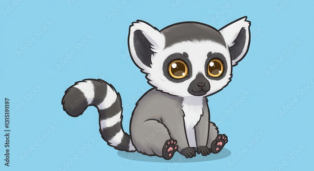 Fototapeta premium Cute Lemur Illustration Sitting Down on Blue Background - Adorable Animal