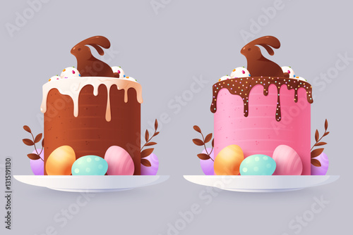 Festive Easter cake decorated with white glaze, chocolate bunny figurine on top and colorful eggs. Traditional Easter treat. Isolated on white. Vector illustration