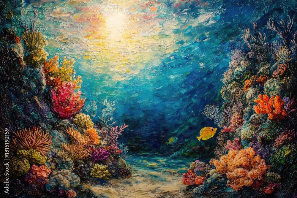 Obraz premium Vibrant underwater scene showcasing a coral reef teeming with diverse marine life, bathed in sunlight.