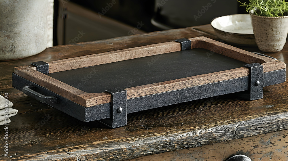 Rustic wooden and metal serving tray on dark wood table; kitchen background; ideal for home decor catalogs Rustic wooden and metal serving tray on dark wood table; kitchen background; ideal for home decor catalogs