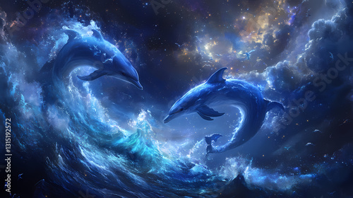 Enchanting dolphins twirl in a celestial ocean. Celestial - Dragon. Illustration