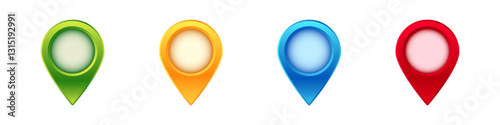 four colorful map pointers in blue, green, red, and orange for marking locations on maps.