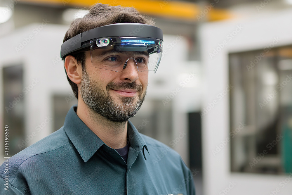 Man with Augmented Reality Headset in Industrial Setting Man with Augmented Reality Headset in Industrial Setting