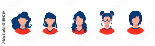 Cartoon faces in pixel art show various hairstyles and features, highlighting diverse appearances.