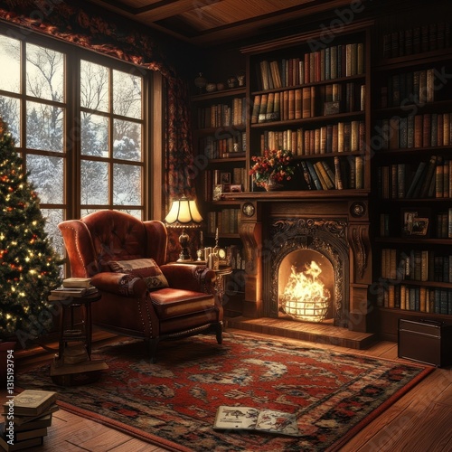 A Cozy Christmas Library Room Featuring Warmth And Comfort
