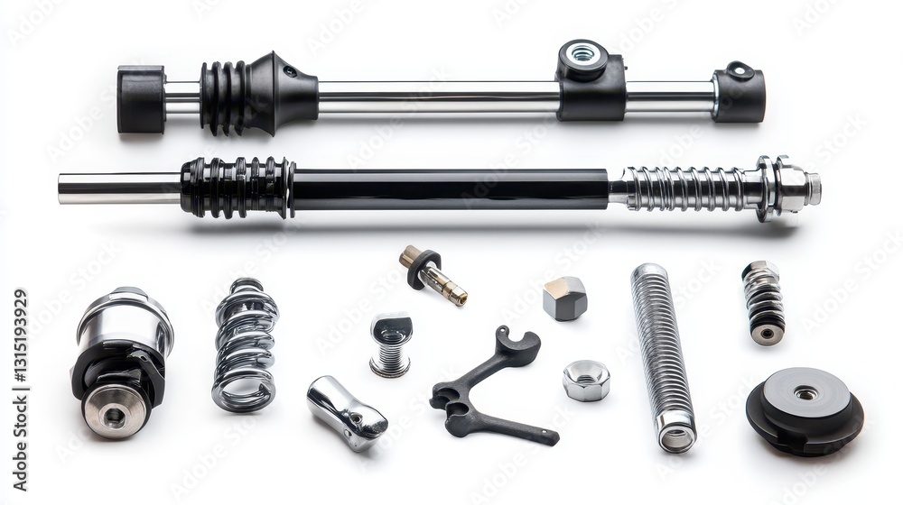 A set of motorcycle parts including handlebars, grips, and foot pegs on a white isolated background A set of motorcycle parts including handlebars, grips, and foot pegs on a white isolated background