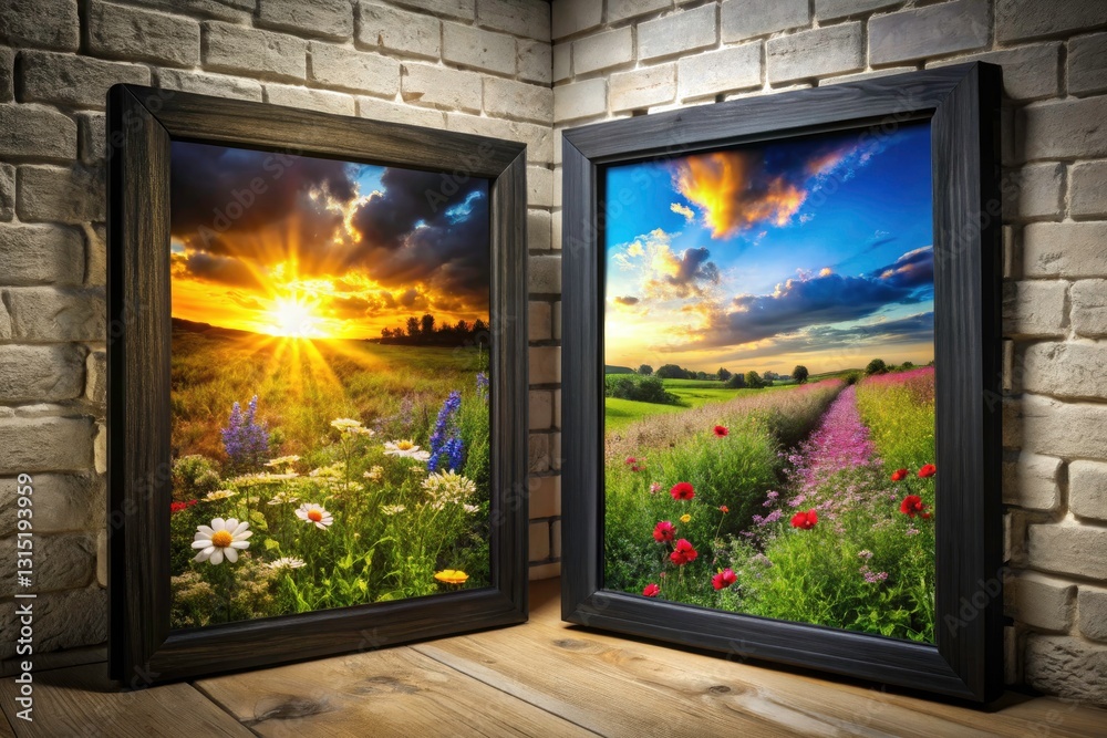 Fototapeta premium Twin Black Hinged Picture Frames Landscape Photography - Rustic Farmhouse Decor, Wall Art, Gallery Wall