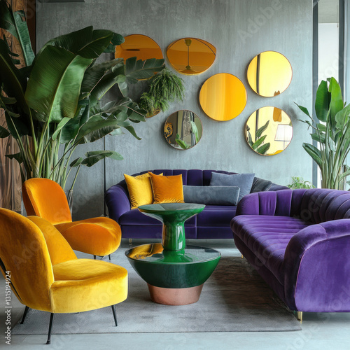 stylish living room interior with bright color accents. Two purple velor sofas and yellow armchairs create a spectacular contrast, and a green coffee table adds freshness. 