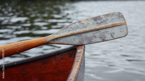 Close-up of weathered wooden canoe paddle in a wooden canoe on calm water.