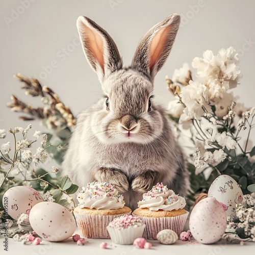 Adorable Easter bunny with cupcakes and decorated eggs, spring and happy Easter concept 