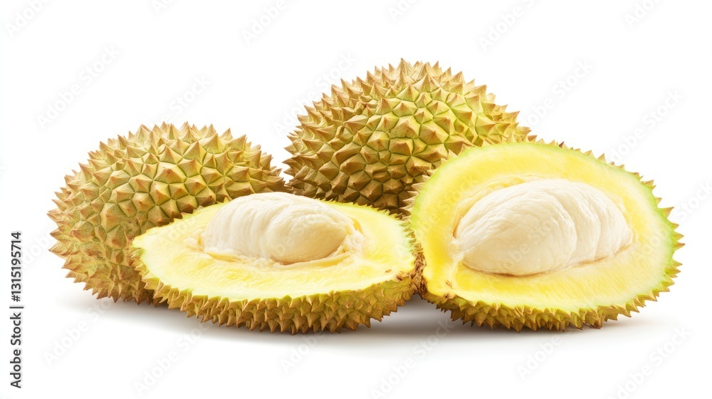 Obraz premium Fresh durian fruits, whole and halved, showing creamy yellow flesh.