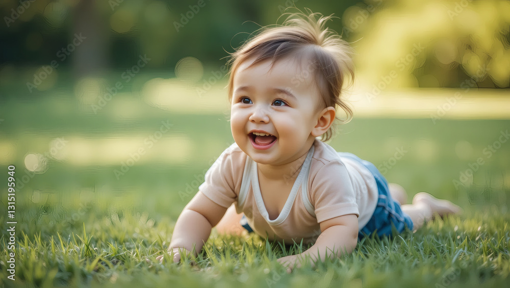 Happy baby crawling on green grass, enjoying a sunny day, embodying joy and curiosity in a natural environment. Happy baby crawling on green grass, enjoying a sunny day, embodying joy and curiosity in a natural environment.