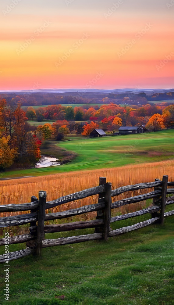 Autumn Sunrise Over a Farmland Valley with Wooden Fence Autumn Sunrise Over a Farmland Valley with Wooden Fence