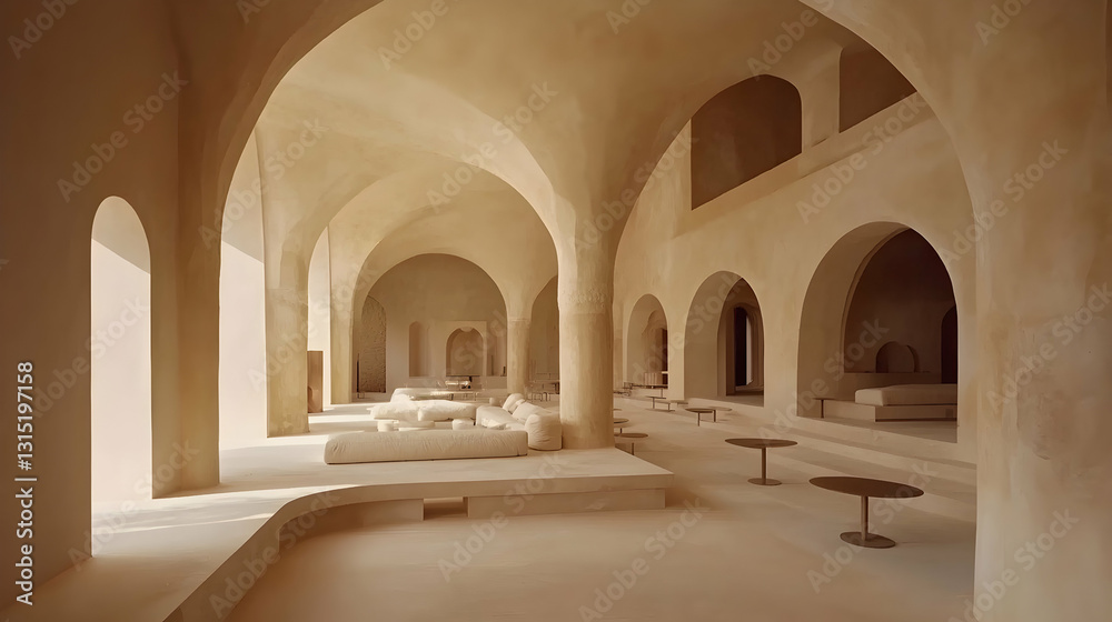 Fototapeta premium Desert oasis lounge interior; arched architecture, sunlight streams through windows, calm atmosphere; ideal for wellness, relaxation, travel brochures