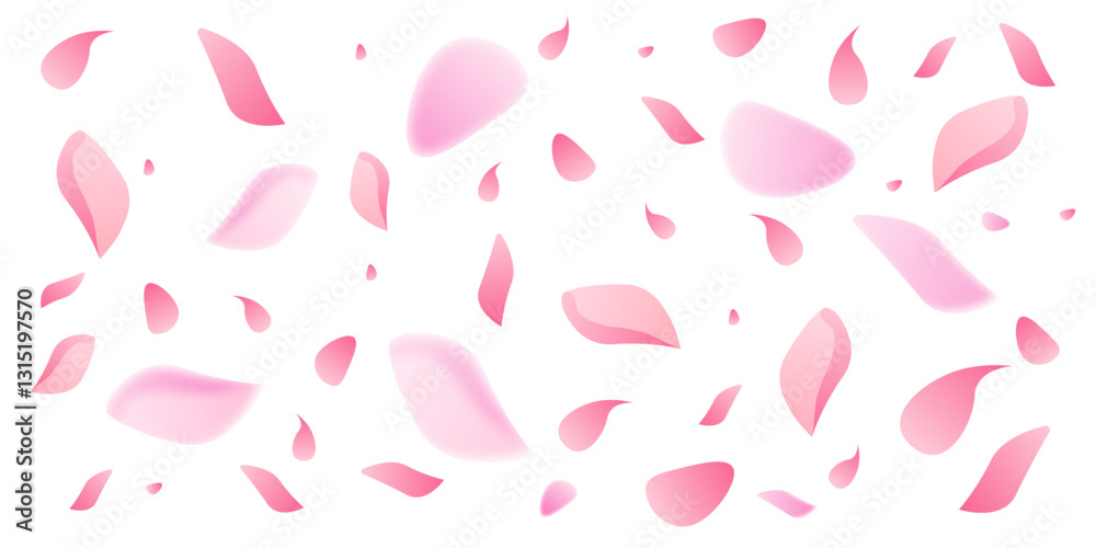 Spring sakura petals flying background. Blossom botanical vector illustration on white backdrop. Cute pastel design Spring sakura petals flying background. Blossom botanical vector illustration on white backdrop. Cute pastel design