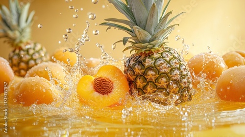 The background is yellow, and there's an explosion of water splashing on fresh fruit like pineapples and peaches. A beautiful patterned wallpaper. Sense of freshness and vitality.