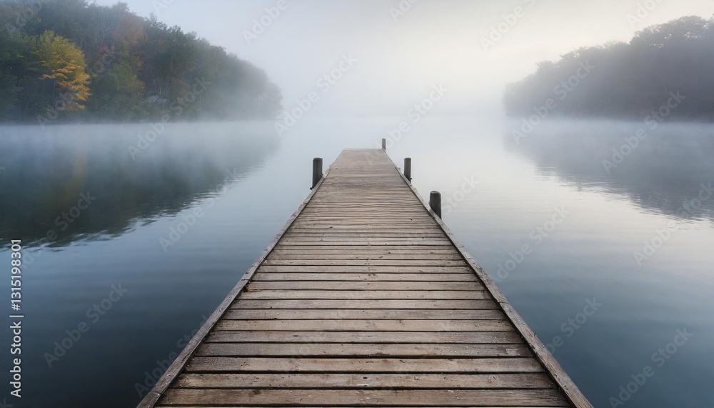 Fototapeta premium Empty wooden dock extending into a foggy lake