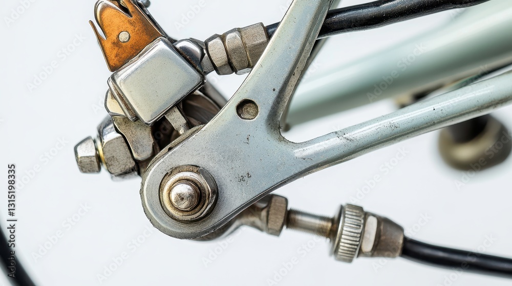 A close-up of a bicycle brake system with calipers and cables on a white isolated background A close-up of a bicycle brake system with calipers and cables on a white isolated background