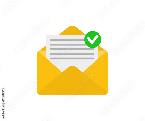 Envelope with confirmed document icon. Opened letter, with checkmark and email. E-mail icon, sign of an incoming unopened message vector design and illustration.

