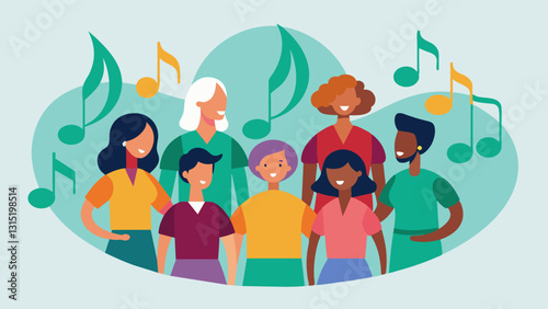Through the ups and downs of each song the choir remains in perfect harmony reflecting the strong bonds within the community.. Vector illustration