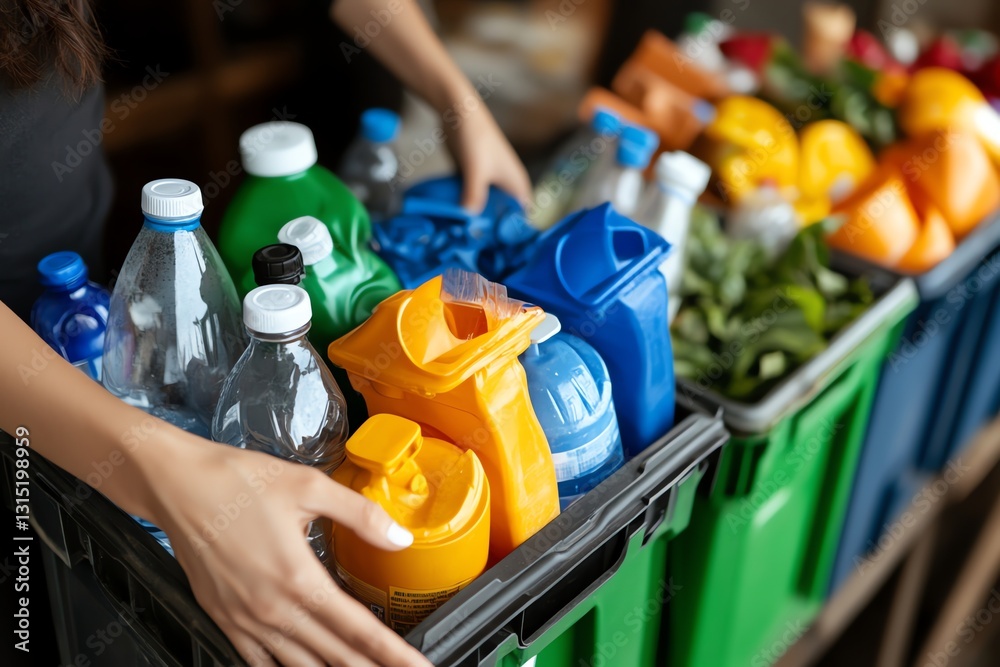 Fototapeta premium Sorting Recyclables Plastic Bottles and Containers in Bins for Proper Disposal