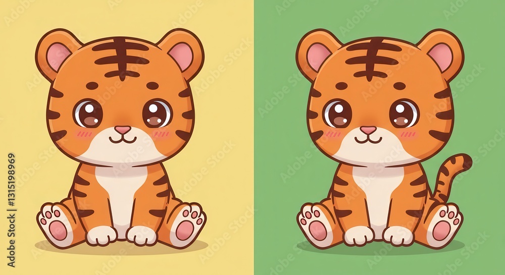 Fototapeta premium Cute Tiger Cub Cartoon Illustrations on Yellow and Green Backgrounds