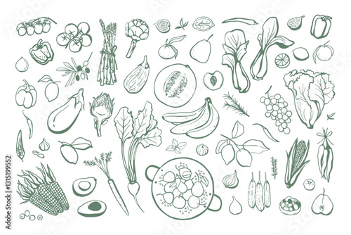 Hand drawn fruits and vegetables set. Collection of vegan food sketch illustrations