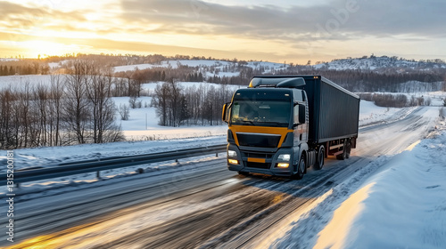 Wallpaper Mural Cargo transportation. A truck, a lorry are driving along a winter snowy road. Banner with a place for text. Torontodigital.ca
