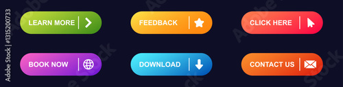 Bright buttons displaying call to action words like learn more, book now, download, and feedback.
