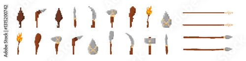 Diverse array of medieval weapons in pixel art style, showcasing swords, axes, spears, and torches.