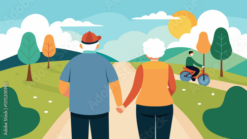 An elderly couple holds hands as they lead their biker friends down a scenic path looking forward to the postride BBQ and reminiscing about their adventures on the road.. Vector illustration