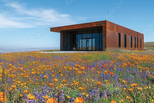 A modern, rust-colored building with large windows sits before a vibrant field of orange and purple wildflowers under a clear blue sky. The building is positioned centrally photo