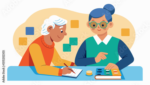 An elderly tutor patiently working with a student who is visually impaired using tactile materials and adaptive techniques to teach them a new language.. Vector illustration