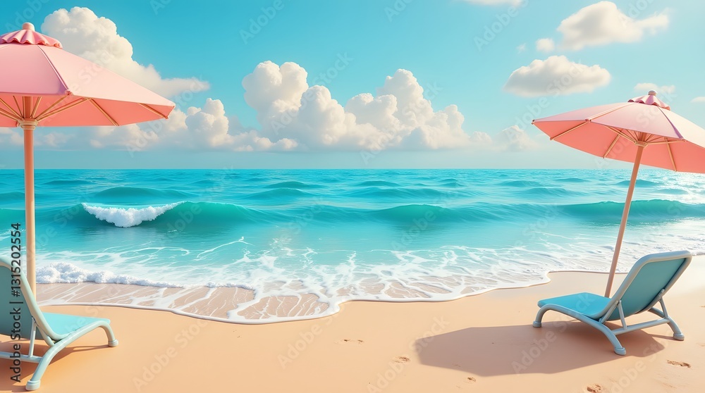 Fabulous ocean beach with two pink umbrellas and two blue sunbeds. A fabulous seashore. Fabulous ocean beach with two pink umbrellas and two blue sunbeds. A fabulous seashore.