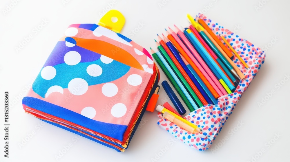 Obraz premium A set of colorful school notebooks and a pencil case filled with writing tools on a white isolated background