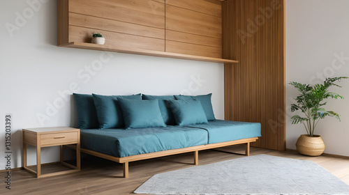 Room interior with sofa unfolded into bed near wooden wall
